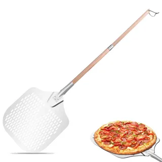 Gute Perforierter Pizzaschieber,Pizzaschaufel,Hart Aluminium Pizzawender,3 Set 138cm Lang,Große Pizzaschieber mit abnehmbarem langen Holzgriff, Pizzaheber für Backofen