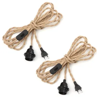 2 Paar E27 Lampenfassung Pendelleuchte mit Stecker, 4,5m Lampenkabel Hanfseil Textilkabel mit Schalter Schraubring Lampensockel für DIY Stehleuchten Vintage Hängeleuchte Hängelampe Kronleuchter