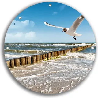 Wallario rundes Outdoor-Poster für Garten oder Balkon, Motiv Fliegende Möwe am Strand, 30 cm Durchmesser - Blau