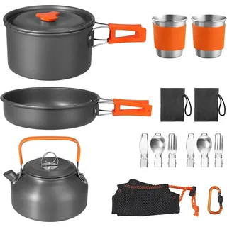 Funykich Camping Geschirr Set 17-teilig Aluminium Töpfe Becher Besteck Outdoor