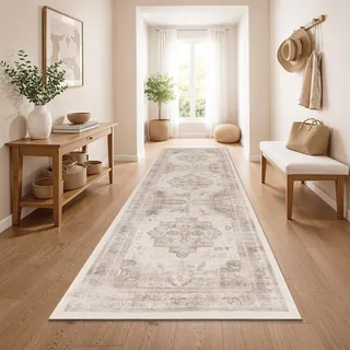 Paco Home Vintage Teppich Läufer Flur Waschbar & rutschfest, pflegeleicht, modernes Retro Design im Boho Stil, Beige 2, 80x150 cm