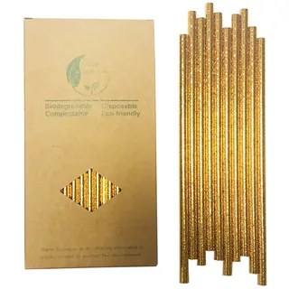 Metallic Golden Papier Strohhalme, 100 Stück Gold Papier Strohhalme Einweg Trinkhalme Bulk für Trinken, Cocktail, Cake Pops, Party, Hochzeit, Bars und Restaurants