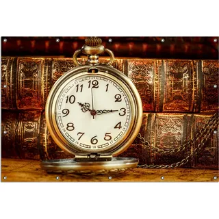 Wallario Outdoor-Poster für Garten oder Balkon, Motiv Alte Taschenuhr vor antiken Büchern, in ca. 120 x 180 cm - Schwarz