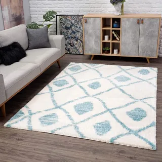 Carpet City Teppich Shaggy Hochflor - Ethno-Stil 120x160 cm Blau Creme - Moderne Wohnzimmer-Teppiche