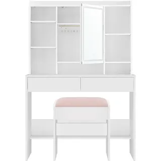 VASAGLE Schminktisch mit Beleuchtung, einstellbare Helligkeit, Hocker, Frisiertisch mit Spiegel, Kosmetiktisch mit verstellbaren Ablagen, 2 Schubladen, modern, wolkenweiß und pastellrosa RDT723W01