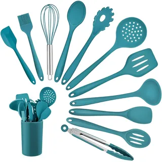 12-teilig Silikon Kochutensilien Set Utensilienhalter Blau Antihaft Spülmaschinenfest