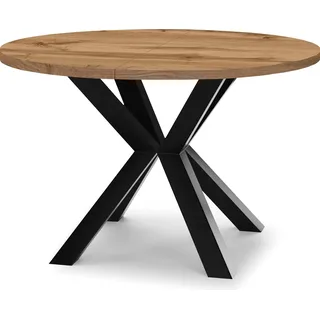 Runder Ausziehbarer Tisch für Esszimmer RAL mit Holzbeinen, Loft-Stil, Industriel, Durchmesser: 90 / 190 cm, Farbe: Eiche Wotan / Schwarz - Hellbraun