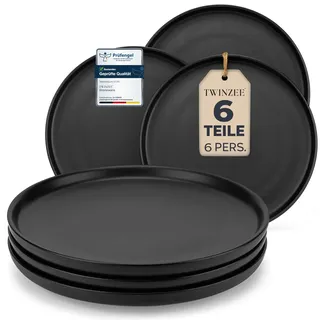 Steingut Essteller Set für 6 Personen - 6-teiliges Set in Matt-Schwarz, Große Teller, Mikrowellengeeignet, Stylisches Design - Twinzee Ebony Collection
