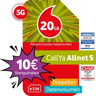 Vodafone Prepaid CallYa S eSIM | Aktion: 20 GB statt 10 GB | 10 EUR Startguthaben | ohne Vertrag | 5G-Netz | Telefon- SMS-Flat | EU-Roaming