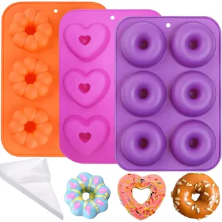 YXHZVON 3 Stück Silikon Donutformen, Silikon Donut Formen Antihaft-Backblech mit 10 Einweg Spritzbeutel, Muffinbackformen für Kuchen Bagels Muffins, Geeignet