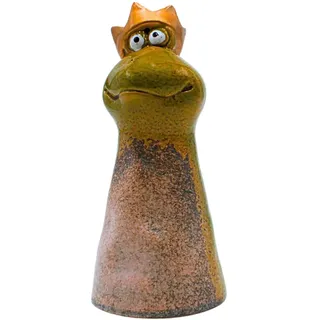 Keramik Zaunstecker, Zaunhocker, Zaunfigur, Gartenfigur, Gartendeko, Dekofigur Zaun, Figur für Gartenzaun als Froschkönig Zaunhocker Froschkönig aus Steingut in grün, L/B/H 8 x 8 x 18 cm.