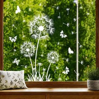 WandSticker4U®- Fensterbilder Blumen weiße PUSTEBLUME selbstklebend (85x60 cm) I Fenstersticker Frühling Blumen Fensteraufkleber Wohnzimmer Schlafzimmer Bad Küche Fenster Deko wiederverwendbar
