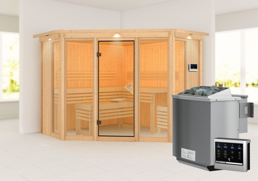 Bild von Sauna Alcinda 2 mit Kranz, naturbelassen, Bio externe Stg.LED-Dachkranz Natur