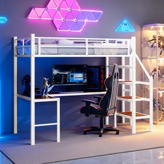FAVSH Hochbett 90x190 cm mit Treppe, Schubladen und Regalen, stabiles Metallbett mit LED-Beleuchtung und Sicherheitsgeländer, platzsparendes Kinderbett für Erwachsene und Jugendliche, Weiß