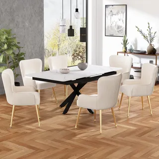 Flieks Esszimmerstühle 6er Sets, Küchenstühle Polsterstühle mit Metallbeinen, Armlehnstuhl Wohnzimmerstuhl mit Samtbezug, Gold Beige - Gold, Beige