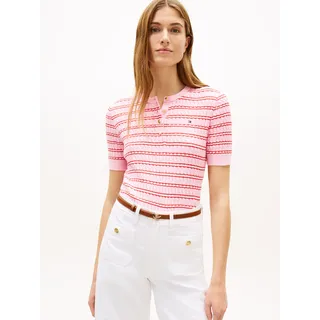 Strickpullover TOMMY HILFIGER "CO CABLE FINE GG SS HENLEY", Damen, Gr. M (40), preppy stp classic pink fireworks, Strick, Obermaterial: 100% Baumwolle, gestreift, bequem normal, Rundhals, Pullover Strickpullover, mit Zopfmuster