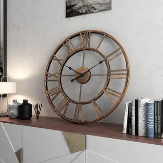 GUDEMAY Wanduhr Groß XXL 50 cm Durchmesser Moderne Wanduhren ohne Tickgeräusche lautlos römische Ziffern Retro Landhausstil Vintage Metall Uhr Wand für Wohnzimmer Küche Schlafzimmer (Gold)