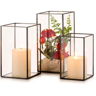 NUPTIO Windlicht Schwarz Glas Laterne: Gold Kerzenständer Metall Set von 3 Groß Kerzenhalter Hochzeit Tischdeko Stumpenkerzen Dekorative Laternen Set Draußen Weihnachten Wohnzimmer Tischplatte