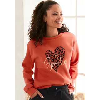 Sweatshirt LASCANA, Damen, Gr. 32/34, rot (rotbraun), Sweatware, Obermaterial: 60% Baumwolle, 40% Polyester, bedruckt, unifarben, klassisch hüftlang, Rundhals, Rippbündchen, Sweatshirts Sweatshirt, mit Herz-Leo-Druck, Loungewear, Topseller