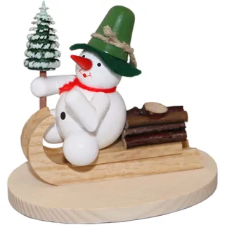 Schneemann ALBIN PREISSLER "Schneemann auf Holzschlitten", grün (weiß, grün, natur), B:9cm H:8,5cm T:6,5cm, Massivholz, Dekofiguren, Schneemann, Handwerkskunst aus dem Erzgebirge