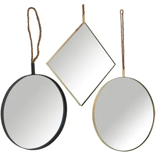 DRW Set mit 3 Spiegeln aus Metall und Seilhalter, in Gold, 35 x 35 cm, 40 x 40 cm und 50 x 50 cm