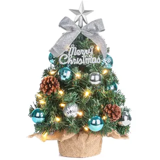 Mini Weihnachtsbaum Kleiner Weihnachtsbaum mit Beleuchtung LED Tisch Weihnachtsbaum klein künstlich geschmückt für Weihnachten Deko 40cm (Blau)
