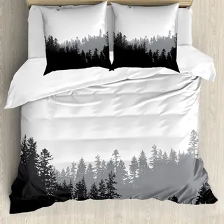 ABAKUHAUS Wald Bettbezug, Abstrakt Wilde Spruces, Milbensicher Allergiker geeignet mit Kissenbezügen, 155 cm x 220 cm - 80 x 80 cm, Schwarz, Grau, Weiß - Weiß