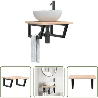 The Living Store Waschtischplatte mit Halterung Stahl und Massivholz Eiche - Braun