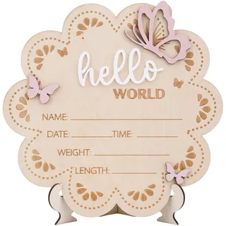 Hölzernes Baby-Ankündigungsschild, 17,8x17,3cm Schmetterling Hello World Neugeborenenschild Baby-Namensschild Neugeborenen-Willkommensschilder für Babyparty Krankenhaus Kinderzimmer