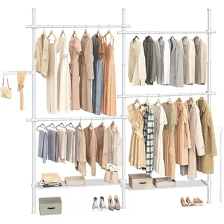 SONGMICS Teleskopstange Kleiderständer, 3-stufige Garderobe, höhen- und breitenverstellbar, offener Kleiderschrank mit 4 Kleiderstangen und 2 abnehmbaren Ablagen, Greifarm, mattweiß HSR154W01
