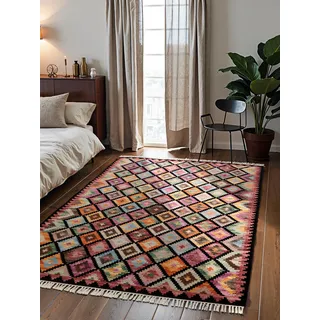 HANSE HOME Afghan Kelim Teppich Zara - Bunter Traditioneller Teppich Handgewebt, Wolle & Baumwolle, Afghanischer Stil Oriental mit Fransen für Wohnzimmer, Schlafzimmer - Schwarz Multi, 200x290 cm