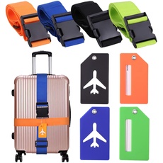 Vinabo Einstellbare Koffergurt, 4 Stück Besonders Auffällig Koffergurte mit 4 Stück Kofferanhänger Set farbig, als Adressanhänger für Koffer & Gepäck, für Schnell erkennen Gepäck Reisetasche Koffer