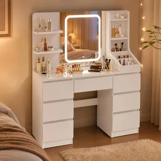 JUMMICO Große Schminktisch mit Verstellbaren LED-Beleuchtung Schminktisch mit Spiegel 64cm*54cm Einstellbare Helligkeit 7 Schubladen, 4 Offenen Ablagen Moderner Stil 110x40x139cm Cremeweiß