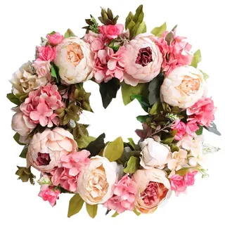 Künstlicher Pfingstrosenkranz für die Haustür, hellrosa Pfingstrosen, Frühlingskränze für draußen, Rosen-Sommer-Blumenkranz für Bauernhaus, Büro, Zuhause, Hochzeit, Festival, Dekoration (39 cm) (B)