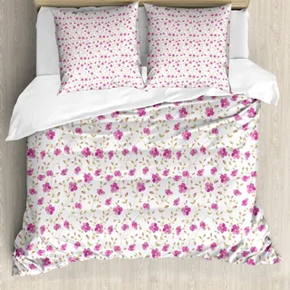 ABAKUHAUS Blume Bettbezug Set, Pfingstrose Im Vintage Stil Girly Süße Lockige Happy Times Engagement Thema, 155 x 220 cm + 80 x 80 cm, Rosa resedagrün