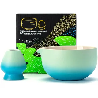 TEANAGOO Japanische Matcha-Schüssel aus Keramik mit Schneebesenhalter, 530 ml, K31, blau-weißer Farbverlauf, Chawan-Matcha-Teeschale, Matcha-Keramikschale, Teeschalen für Matcha,...