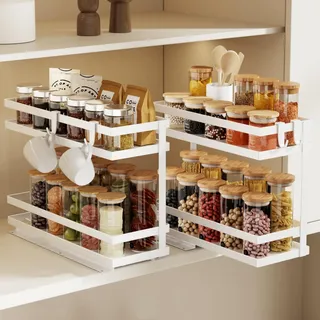 Magheo 2 Stück Gewürzregal Ausziehbar, Metall Gewürz Organizer Schrank, 2 Etagen Herausziehen Gewürzregal Stehend, Kleines Gewürzregals Ohne Bohren Innenschrank Küchen Spice Rack Pull Out (Weiß)