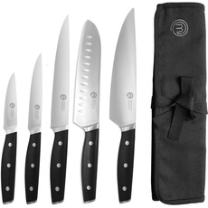 MasterChef Kochmesser Set mit Messertasche, Küchen Messerset ink. Kochmesser, Santokumesser, Gemüsemesser, Schälmesser & Schneidemesser, 5-teilig, Edelstahl mit hohem Kohlenstoffgehalt