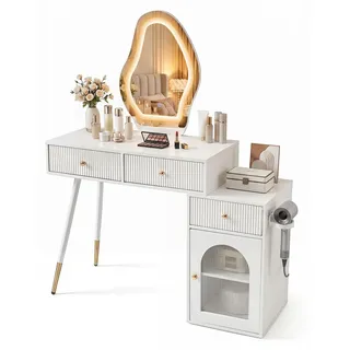 COSTWAY Schminktisch mit Spiegel, LED, 3 Lichtmodi & dimmbarer Helligkeit, Frisiertisch inkl. Seitenschrank, 3 Schubladen & Halter, Kosmetiktisch weiß - Weiß
