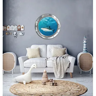 Queence "3D Bullauge Illusion Unterwasserwelt Haifisch 40x40 cm", Selbstklebender Wanddurchbruch Unterwasser,