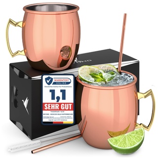 Beyond Moscow Mule Becher 2er Set Kupferbecher - Becher aus Kupfer mit Strohalmen & Geschenkbox I Moskau Mule Kupfertasse Set mit traditionell glatter Oberfläche als Gin Tasse & für Cocktail