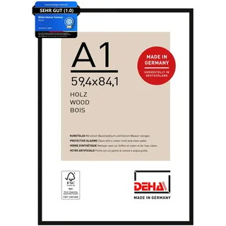 DEHA Design Bilderrahmen, 59,4 x 84,1 cm (A1), Holz, Schwarz, Posterrahmen zum Aufhängen im Hoch- & Querformat, bruchsicheres Kunstglas, Fontana