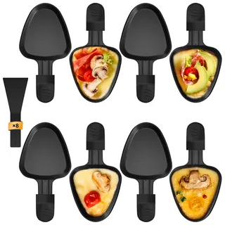 Zalava 8er Set Raclette Pfännchen antihaftbeschichtet, Mini Grill Pfännchen Ersatz mit 8 Schaber und buntem wärmeisoliertem Griff, Grillen von Käse, Eiern