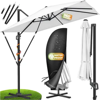 KESSER® Sonnenschirm Ampelschirm SUN XL 300 x 300 cm Inkl. Abdeckung +Windsicherung Drehbar Neigbar Kippbar Marktschirm Groß 360° Rotation, Gartenschirm mit Kurbel Sonnenschutz UV50+ - Weiß
