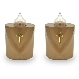 AROBA 2x LED Grabkerze Trauerlicht - Flackereffekt wie echte Kerze - lange Brenndauer bis 120 Tage - wiederverwendbar Friedhofskerze Gedenkkerze Dauerkerze - gold Heiliges Kreuz