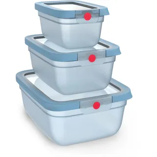 Emsa oneClick, Lebensmittelaufbewahrungsbox, One-Click-System, 2x länger frisch, 100% auslaufsicher, Made in Germany, Blue, 3-teiliges Space Saving Plus Set, 0,75 L, 1,50 L, 3,0 L, N1231400