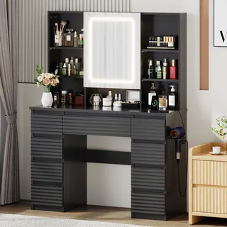 JUMMICO Schreibtisch mit Schminktisch & LED-Spiegel, Weiß Matt, 7 Schubladen, 3 Lichtmodi, Integrierte Steckdosen & USB-Anschlüsse (Schwarz, Vertikale Streifen im modernen Stil)