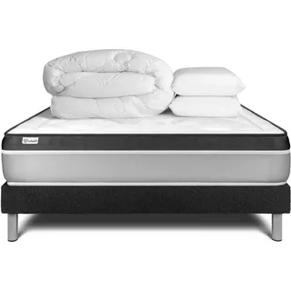 Komplettpaket Bett - Matratze 200x200 cm + Boxspringbett mit Lattenrost (im Set) + 2 Kopfkissen + Bettdecke - Vital Ergo - Schwarz