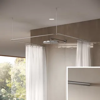 Duschvorhangstange in U-Form, 100 x 100 x 100 cm, Edelstahl matt gebürstet, Deckenträger mit Vorbeiziehfunktion, Duschstange, Duschvorhangschiene, Winkelstange - PHOS Design