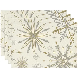 Artoid Mode Gold Schneeflocken Weihnachten Platzsets 4er Set, 30x45cm Winter Xmas Tischset Waschbar Platzdeckchen Küche Party Deko